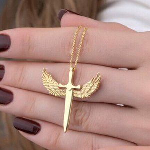 New 18k Gold Over Sterling Silver Angel Wing Sword Necklace